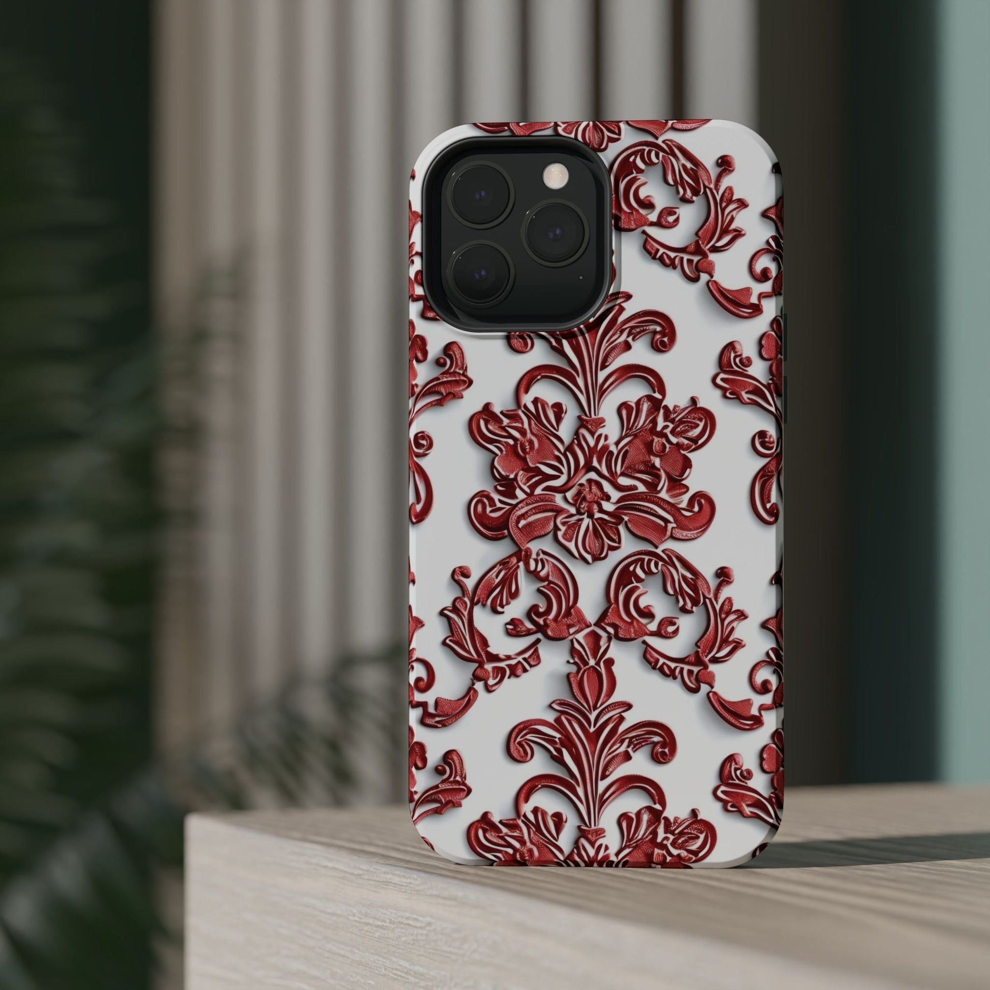 Floral Damask Phone Case — Red Scrolled Impact - Resistant Magnetic Case - DIGITAL X