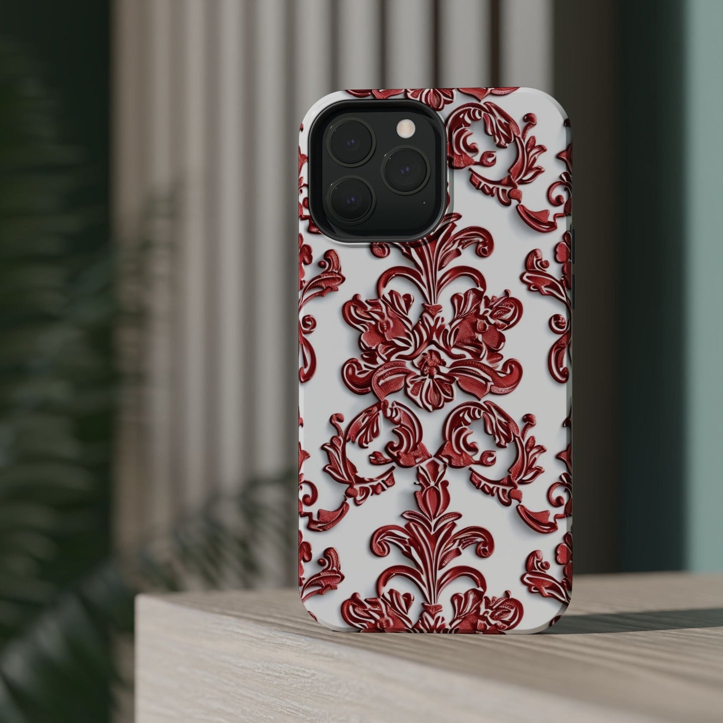 Floral Damask Phone Case — Red Scrolled Impact - Resistant Magnetic Case - DIGITAL X