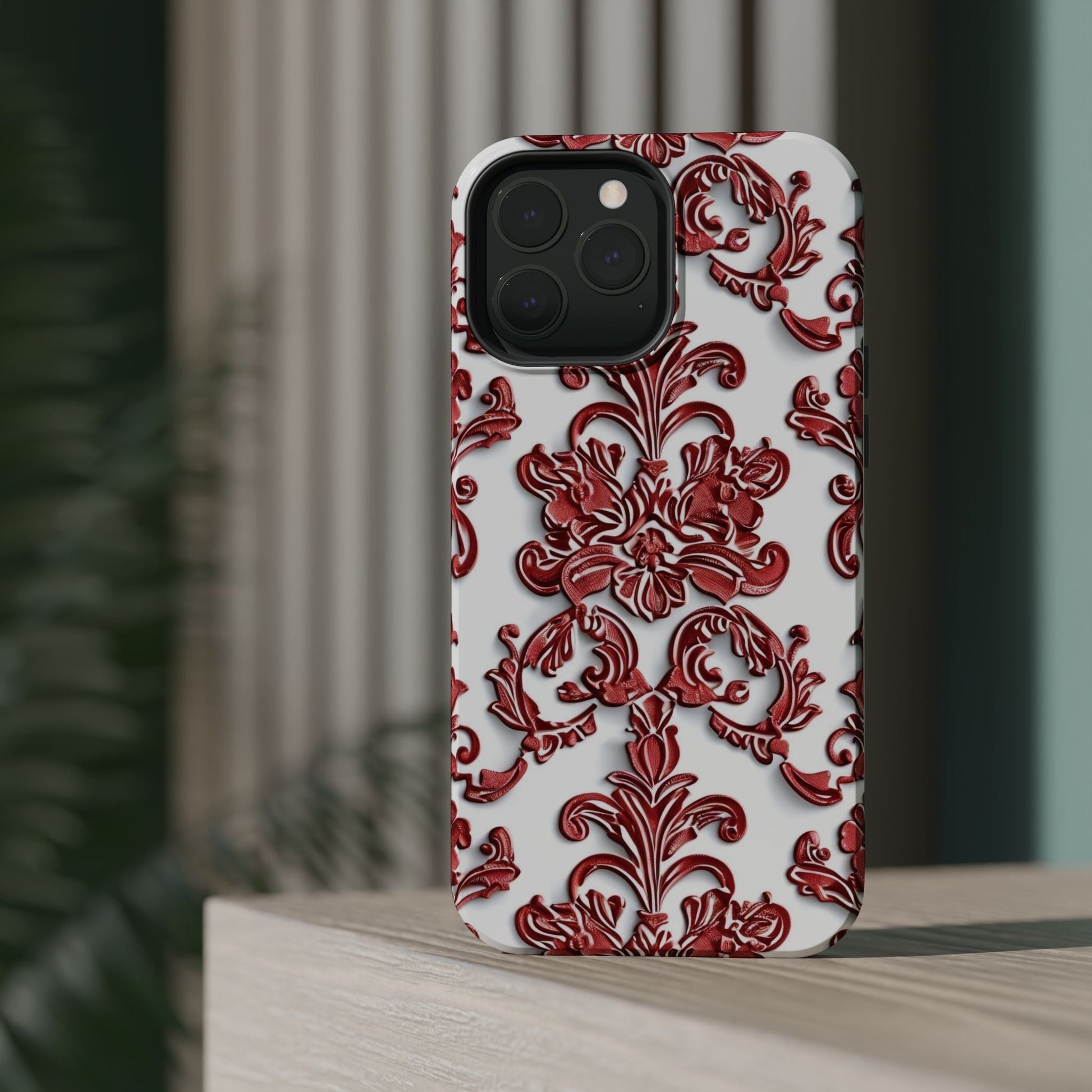 Floral Damask Phone Case — Red Scrolled Impact - Resistant Magnetic Case - DIGITAL X