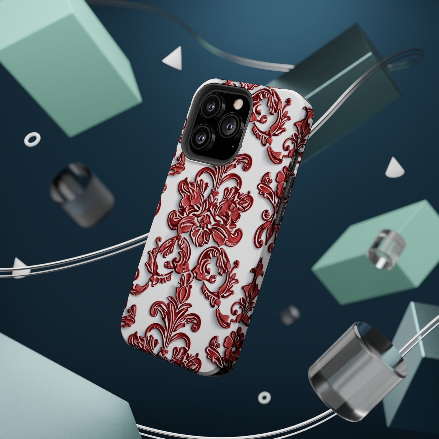 Floral Damask Phone Case — Red Scrolled Impact - Resistant Magnetic Case - DIGITAL X