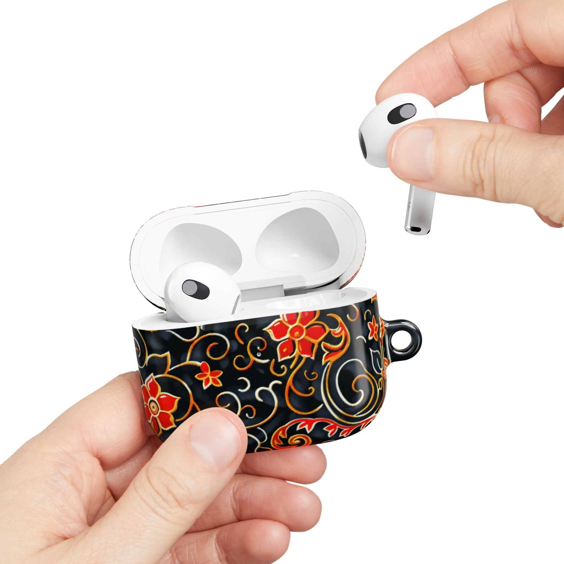 Floral Filigree AirPod Case — Black & Red Decorative Protective Cover - DIGITAL X