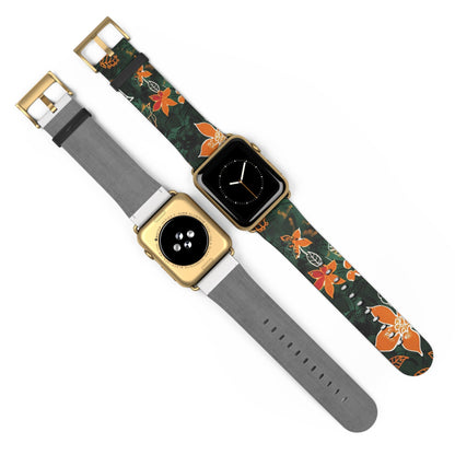 Floral Forest Watch Band — Dark Green Orange Flower Apple Watch Strap - DIGITAL X