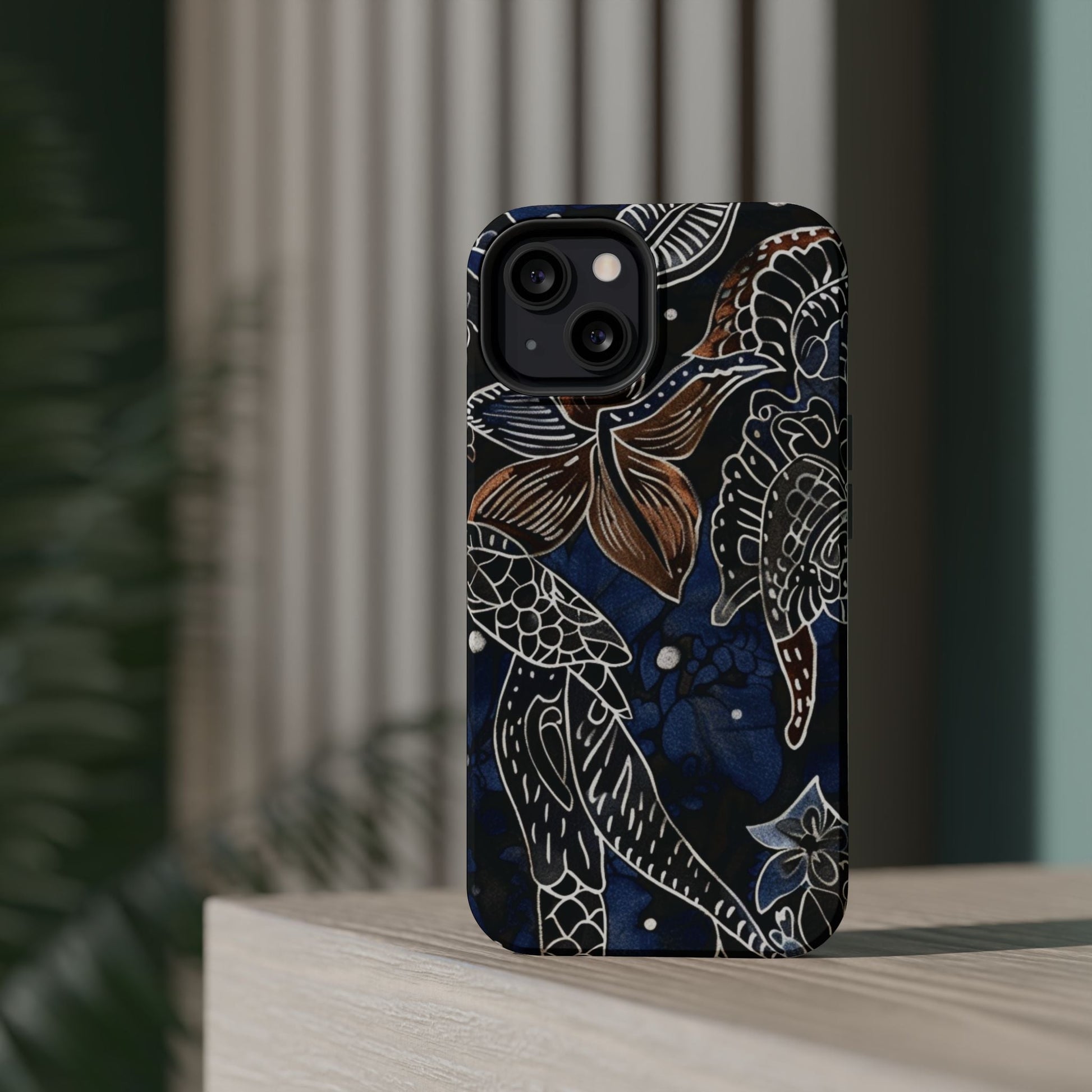 Floral Koi Phone Case — Magnetic Impact - Resistant, Navy Tattoo - Style Design - DIGITAL X