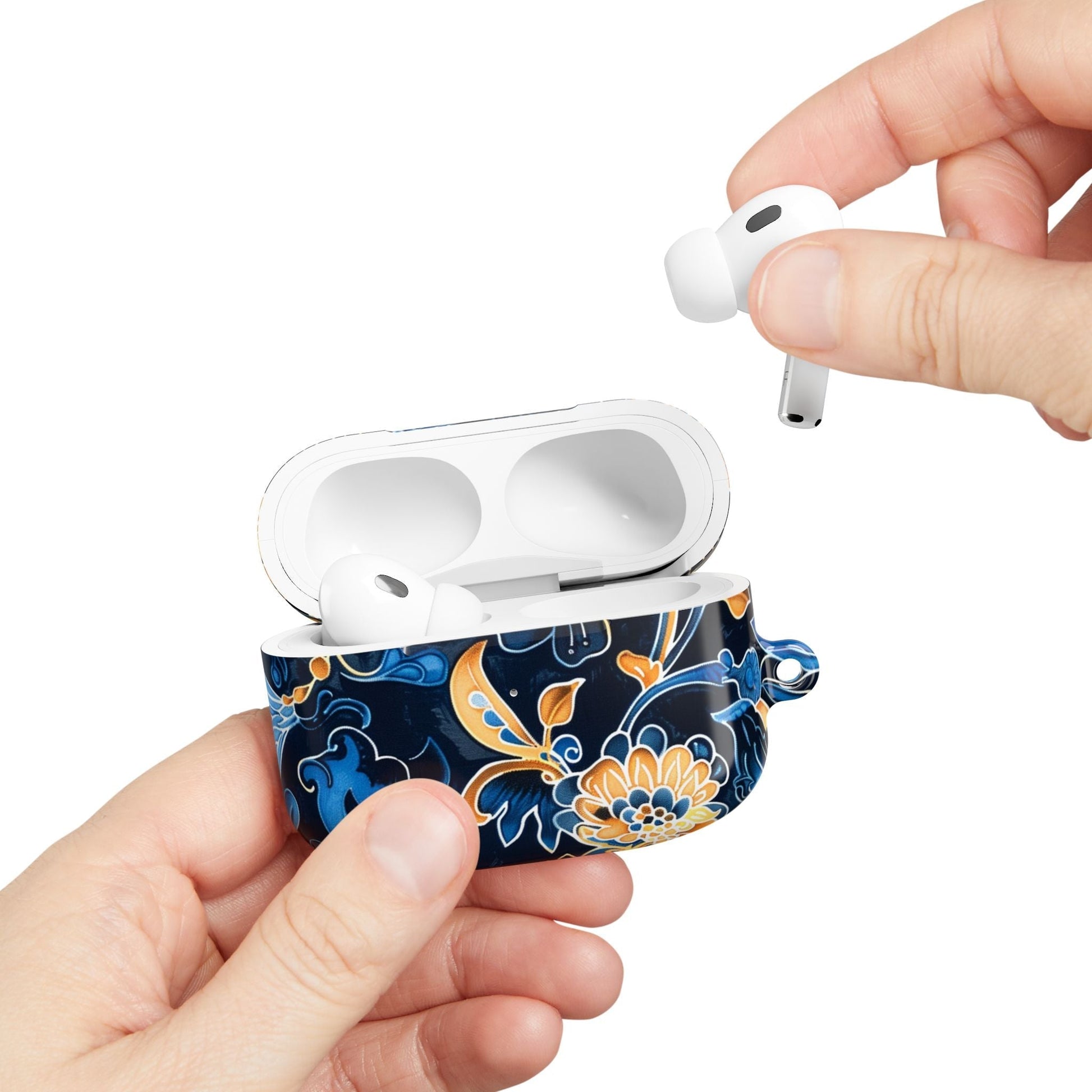 Floral Navy Blue AirPod Case — Elegant Yellow & Blue Flower Protective Cover - DIGITAL X