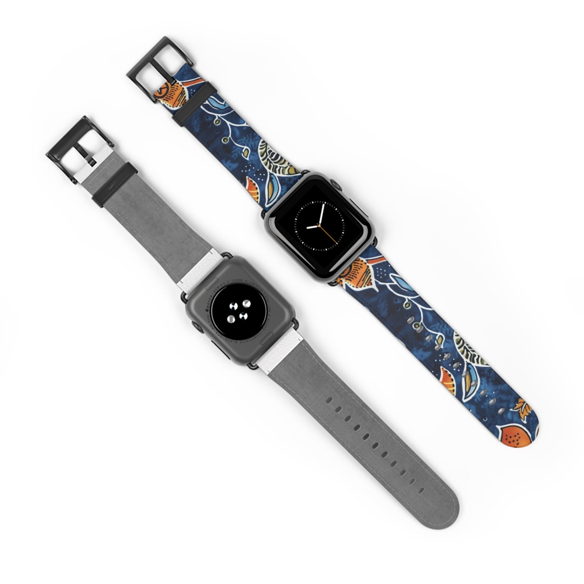 Floral Paisley Leather Watch Band — Navy Blue & Orange - DIGITAL X