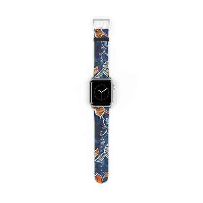 Floral Paisley Leather Watch Band — Navy Blue & Orange - DIGITAL X