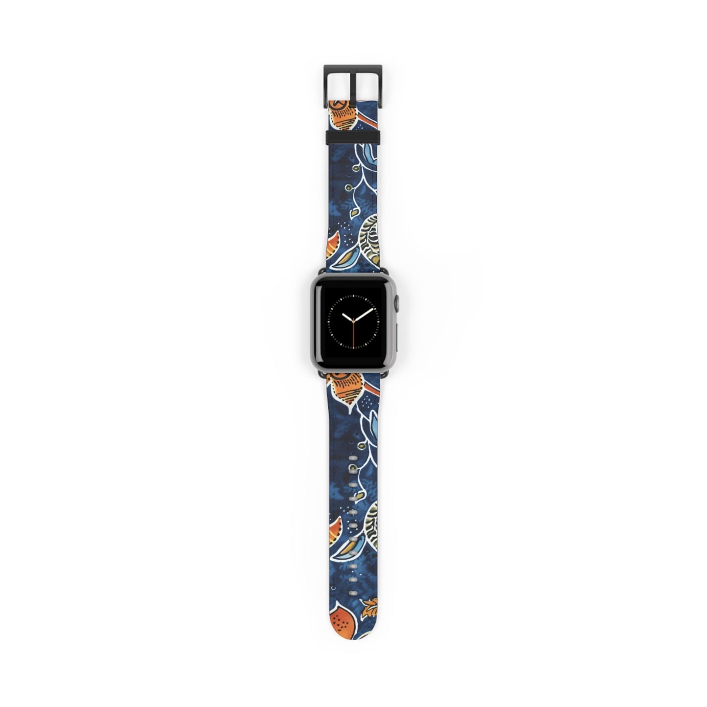 Floral Paisley Leather Watch Band — Navy Blue & Orange - DIGITAL X