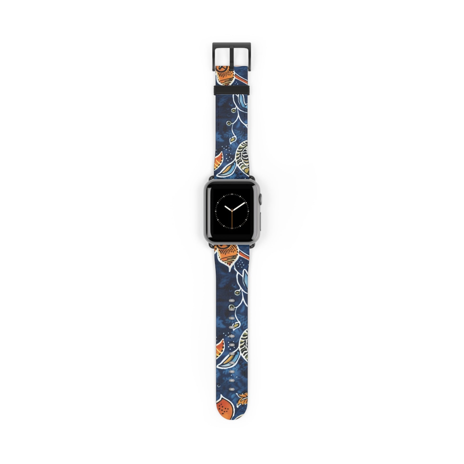Floral Paisley Leather Watch Band — Navy Blue & Orange - DIGITAL X