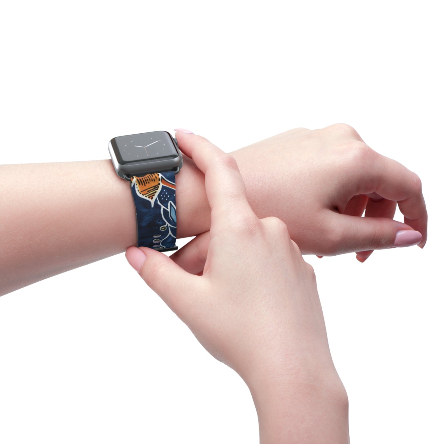 Floral Paisley Leather Watch Band — Navy Blue & Orange - DIGITAL X