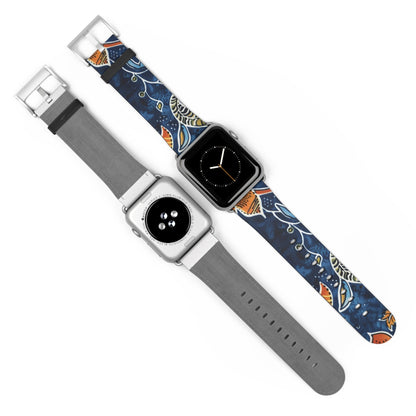 Floral Paisley Leather Watch Band — Navy Blue & Orange - DIGITAL X