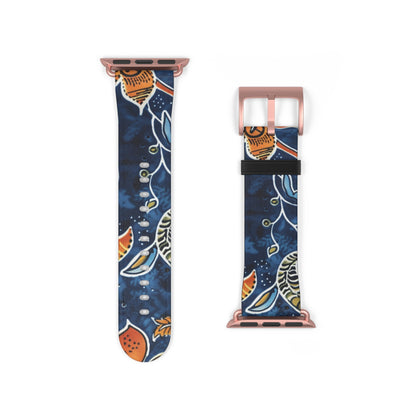 Floral Paisley Leather Watch Band — Navy Blue & Orange - DIGITAL X