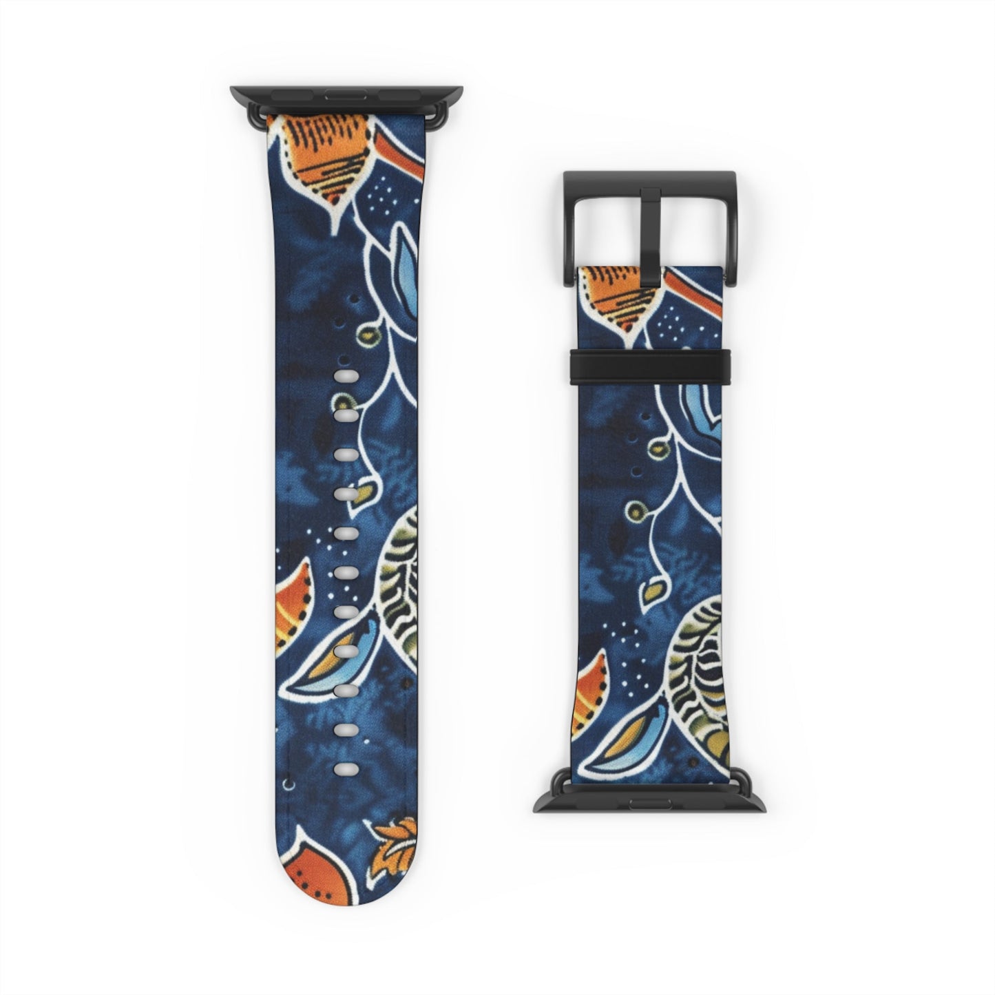 Floral Paisley Leather Watch Band — Navy Blue & Orange - DIGITAL X