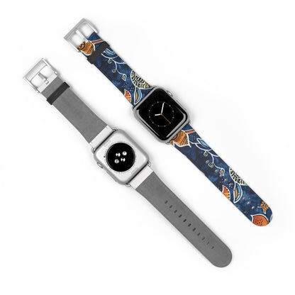 Floral Paisley Leather Watch Band — Navy Blue & Orange - DIGITAL X