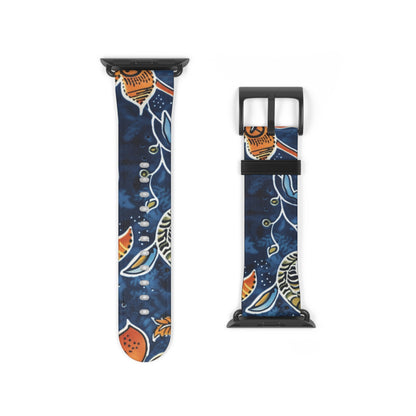 Floral Paisley Leather Watch Band — Navy Blue & Orange - DIGITAL X