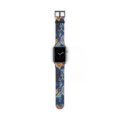 Floral Paisley Leather Watch Band — Navy Blue & Orange - DIGITAL X