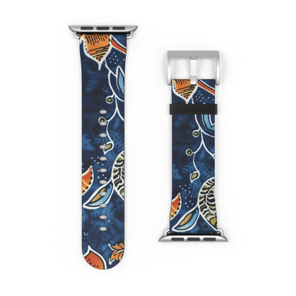 Floral Paisley Leather Watch Band — Navy Blue & Orange - DIGITAL X