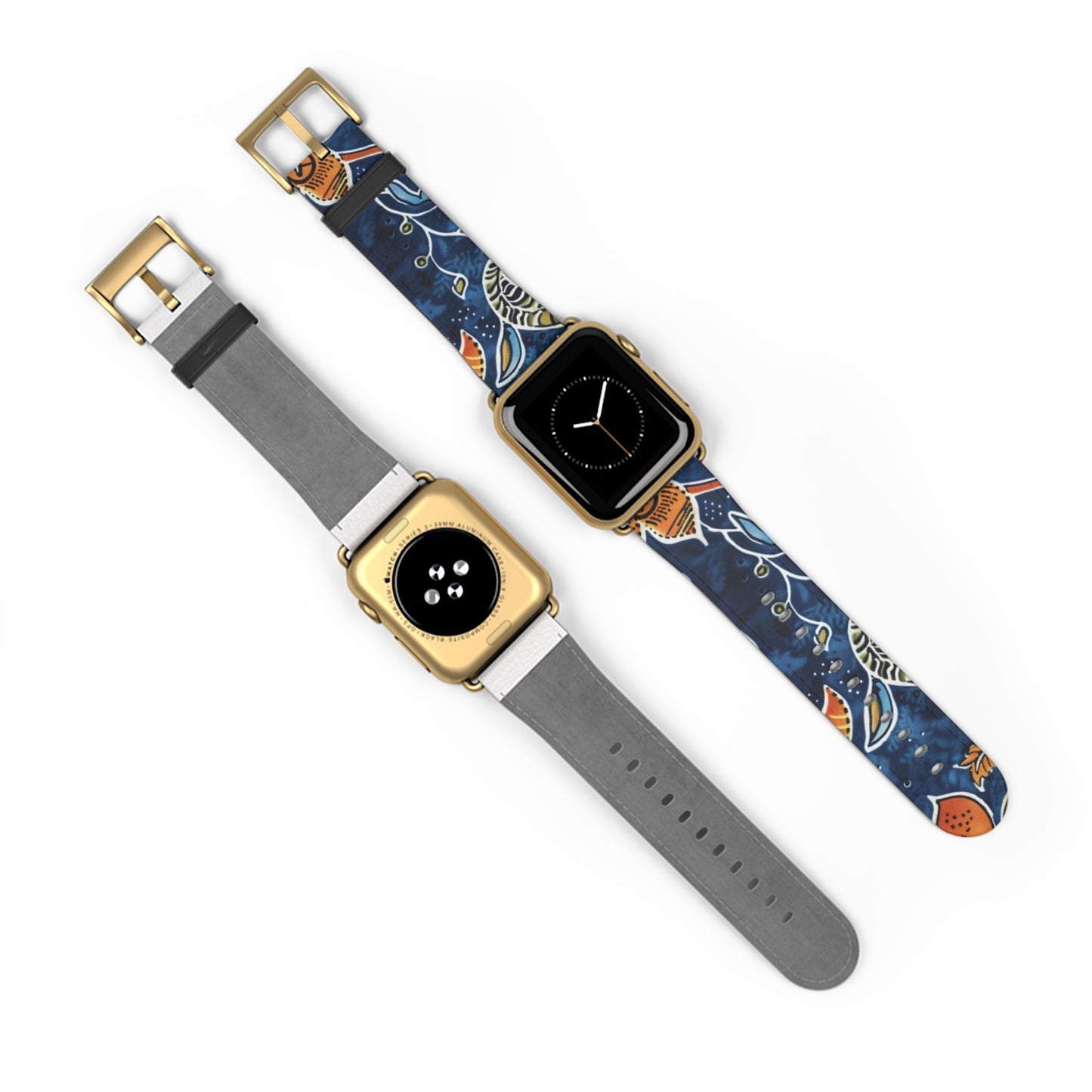 Floral Paisley Leather Watch Band — Navy Blue & Orange - DIGITAL X