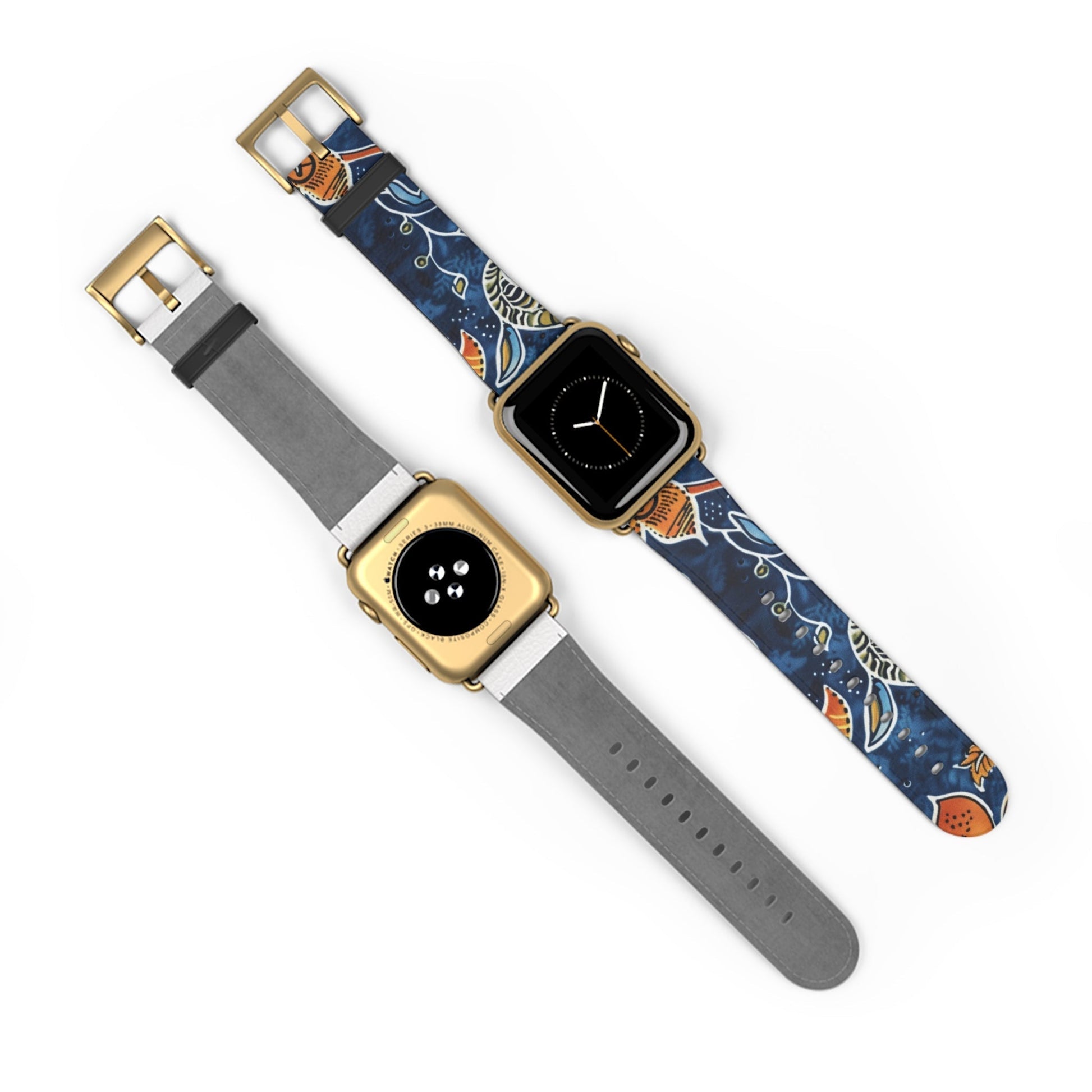 Floral Paisley Leather Watch Band — Navy Blue & Orange - DIGITAL X