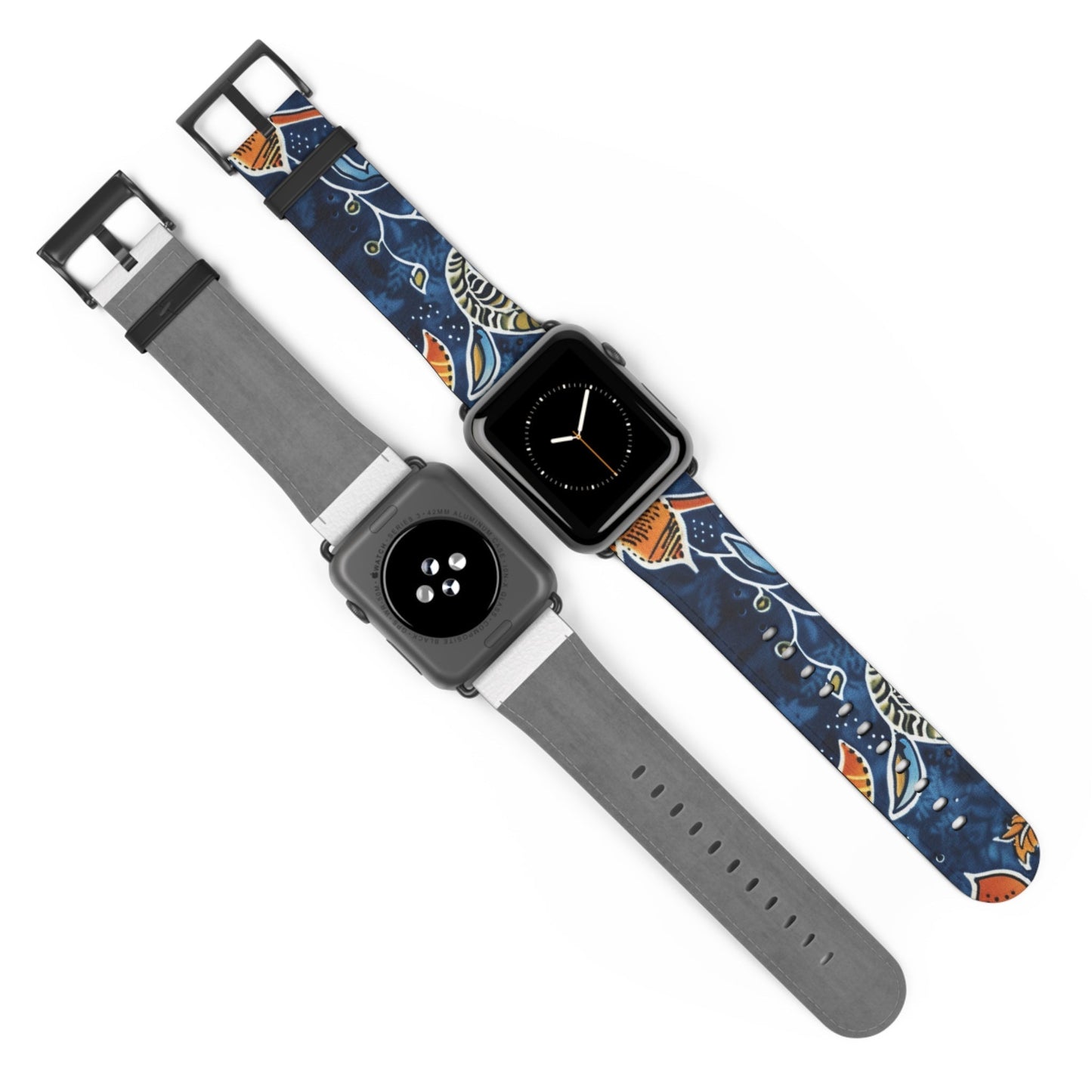 Floral Paisley Leather Watch Band — Navy Blue & Orange - DIGITAL X