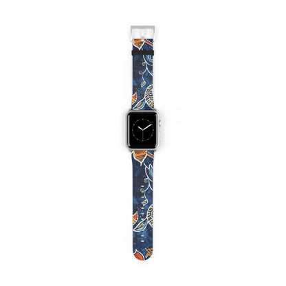 Floral Paisley Leather Watch Band — Navy Blue & Orange - DIGITAL X