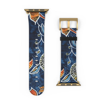 Floral Paisley Leather Watch Band — Navy Blue & Orange - DIGITAL X