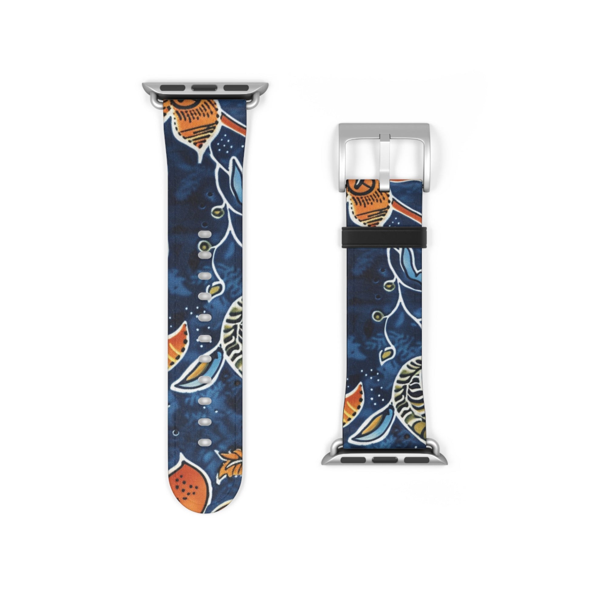 Floral Paisley Leather Watch Band — Navy Blue & Orange - DIGITAL X