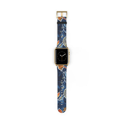 Floral Paisley Leather Watch Band — Navy Blue & Orange - DIGITAL X