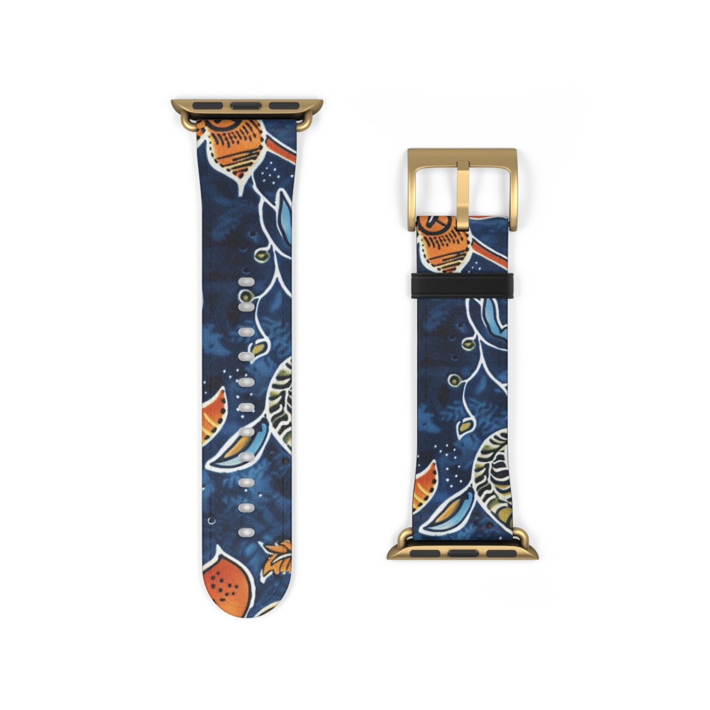 Floral Paisley Leather Watch Band — Navy Blue & Orange - DIGITAL X