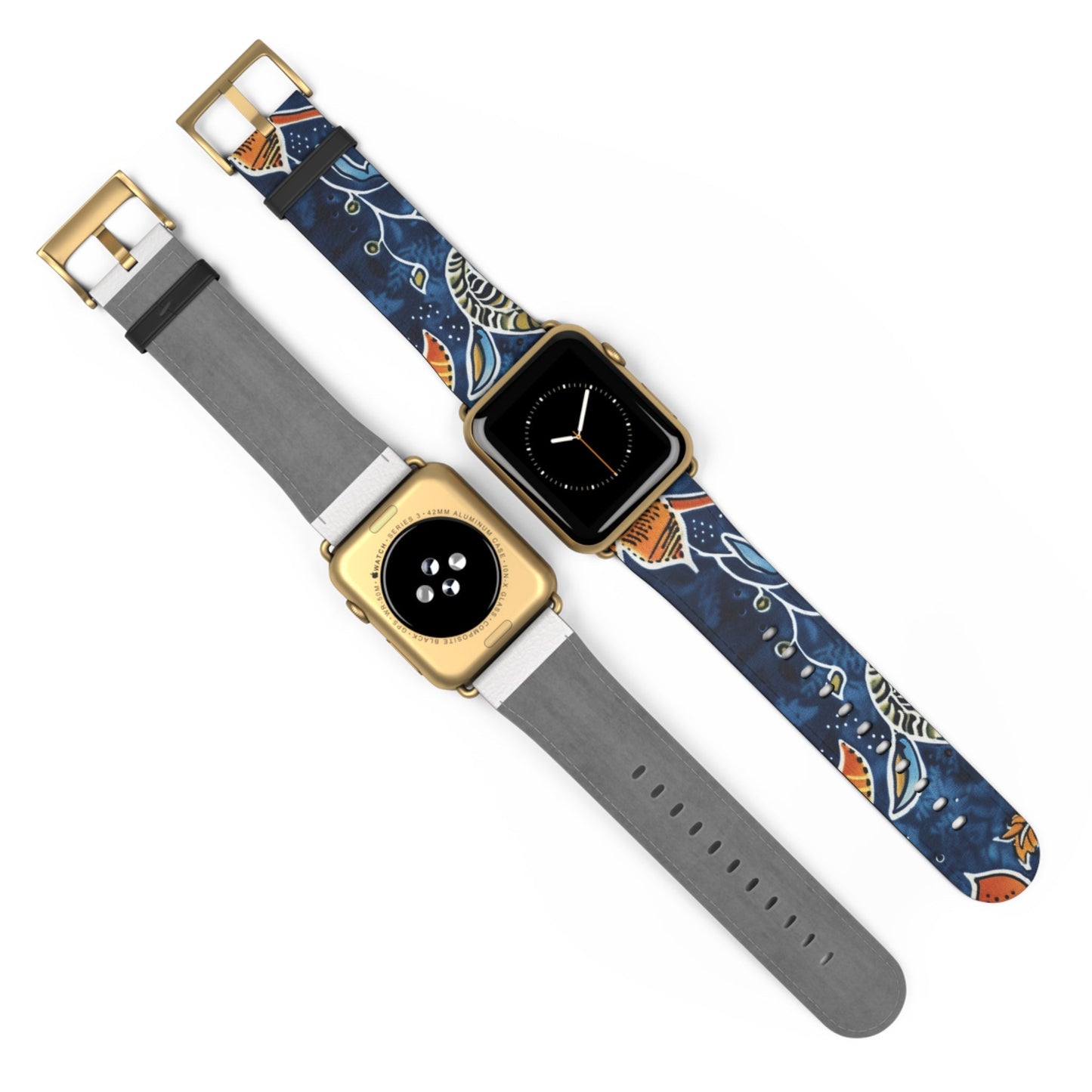 Floral Paisley Leather Watch Band — Navy Blue & Orange - DIGITAL X
