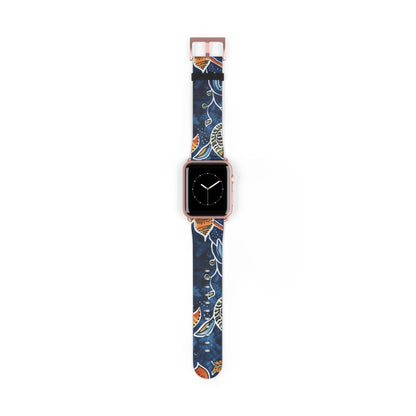 Floral Paisley Leather Watch Band — Navy Blue & Orange - DIGITAL X