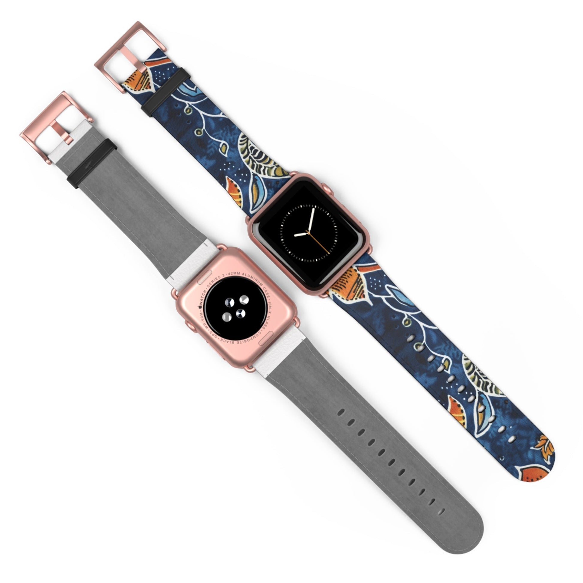 Floral Paisley Leather Watch Band — Navy Blue & Orange - DIGITAL X