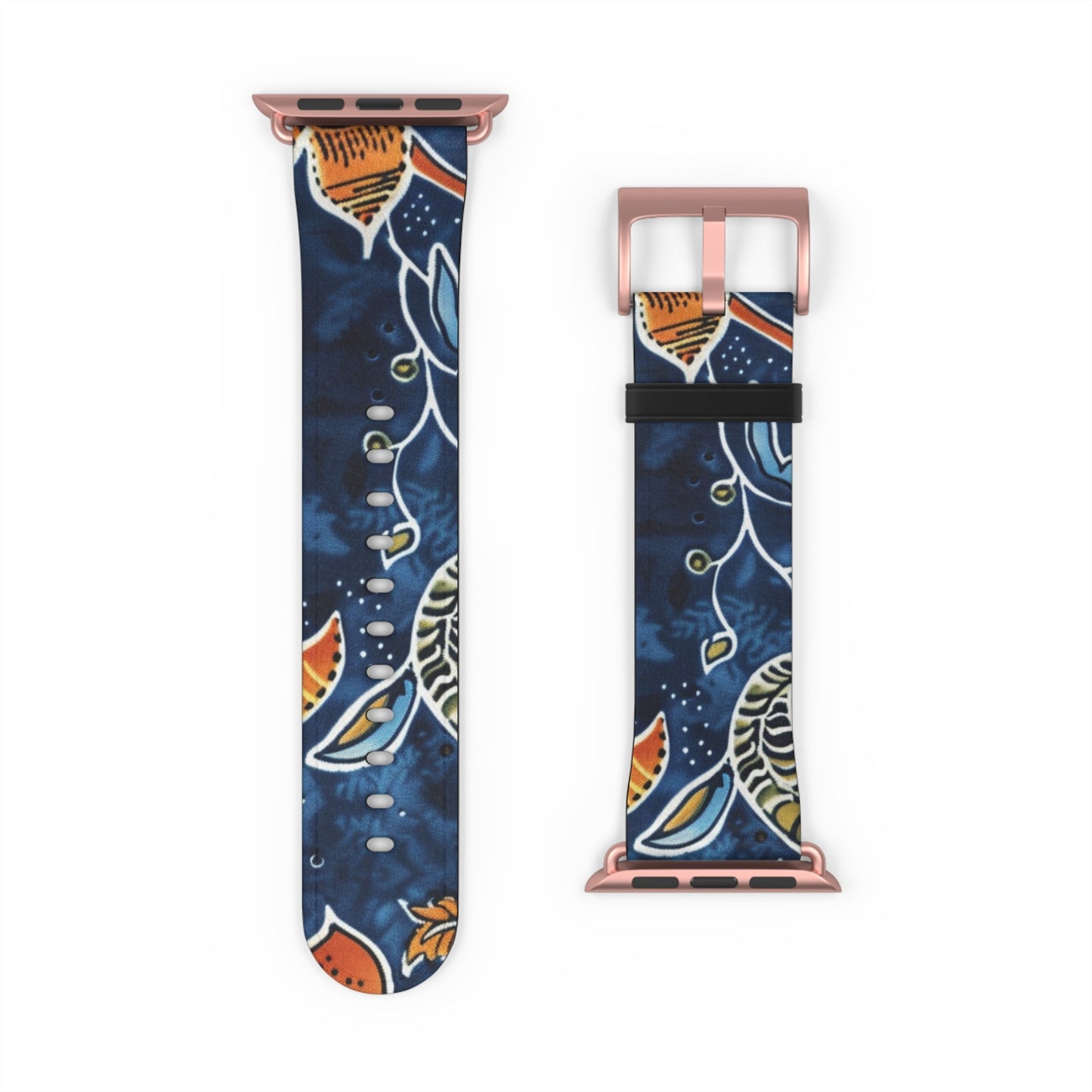 Floral Paisley Leather Watch Band — Navy Blue & Orange - DIGITAL X