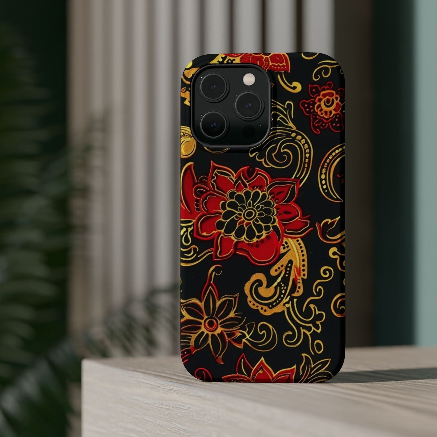 Floral Paisley Magnetic Impact Phone Case — Red & Gold Ornamental Design - DIGITAL X