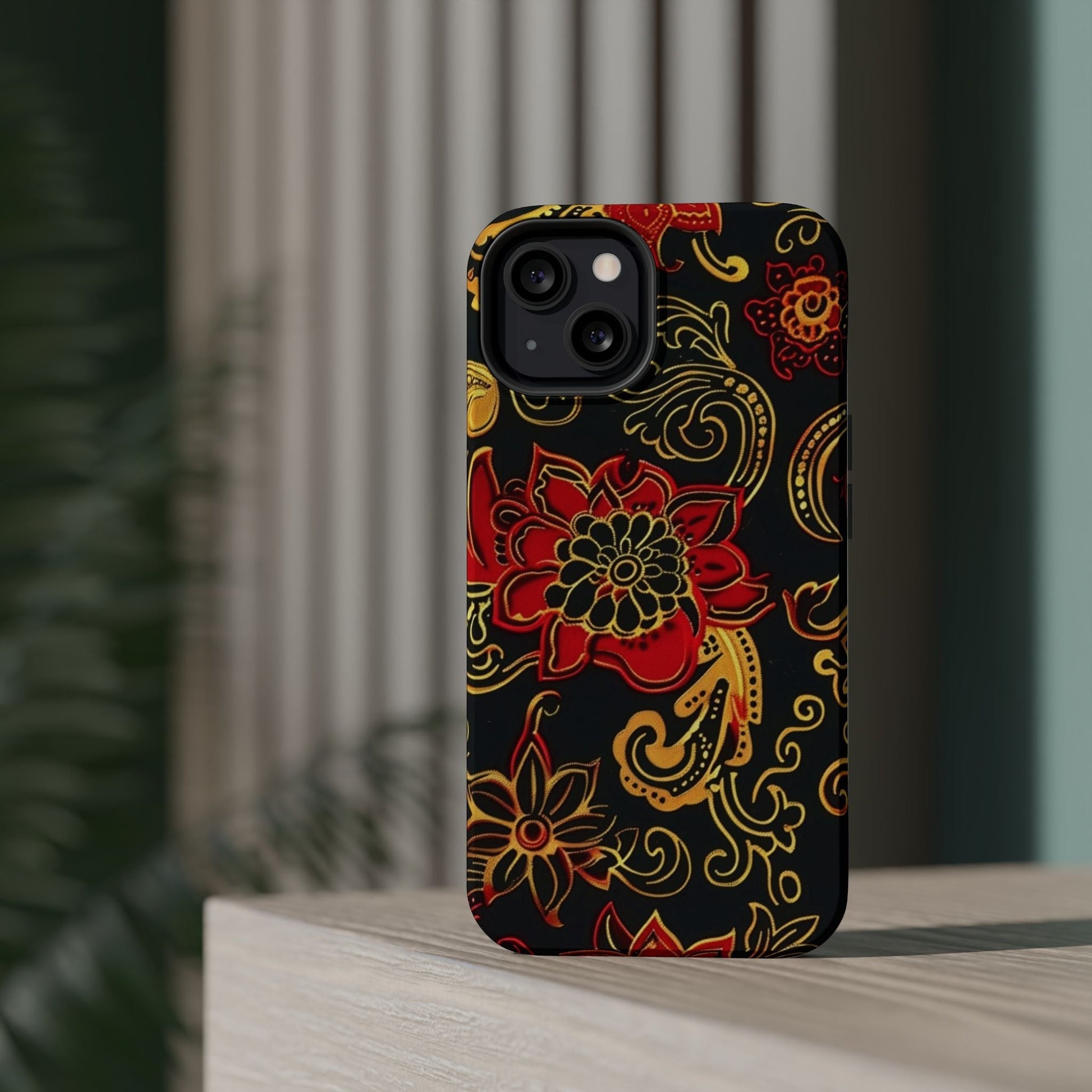Floral Paisley Magnetic Impact Phone Case — Red & Gold Ornamental Design - DIGITAL X