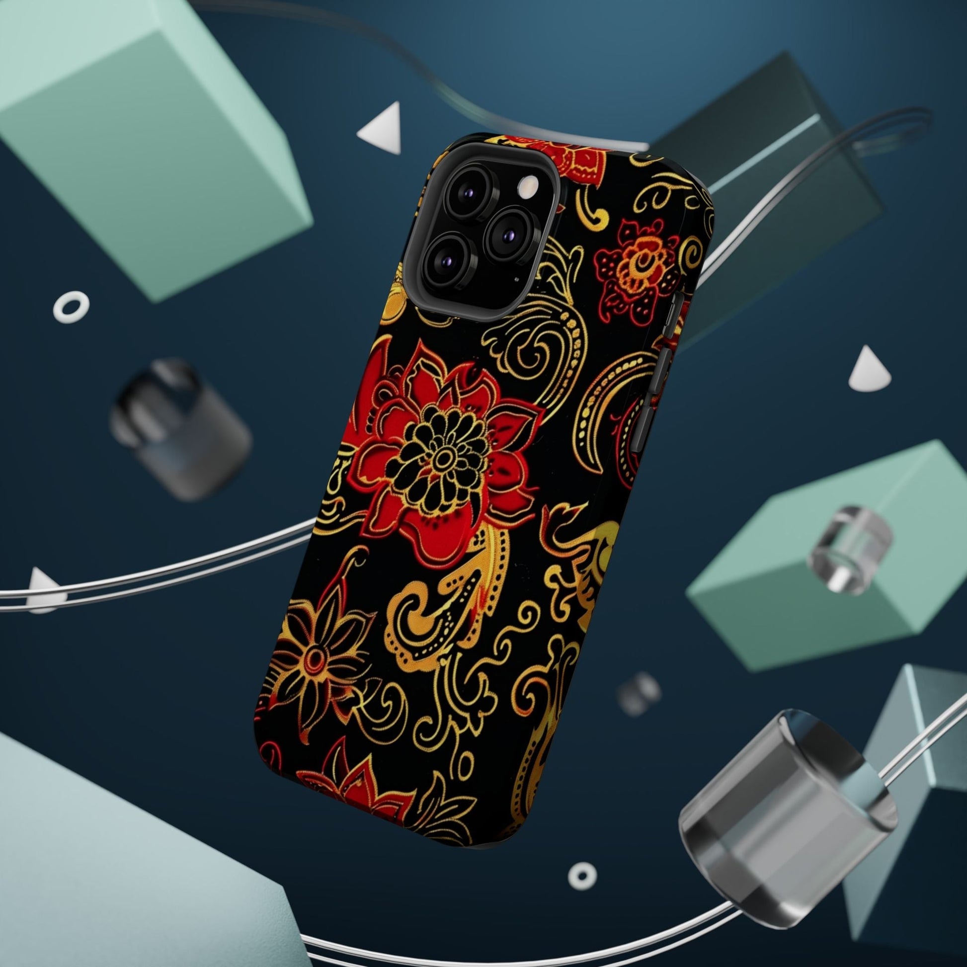 Floral Paisley Magnetic Impact Phone Case — Red & Gold Ornamental Design - DIGITAL X