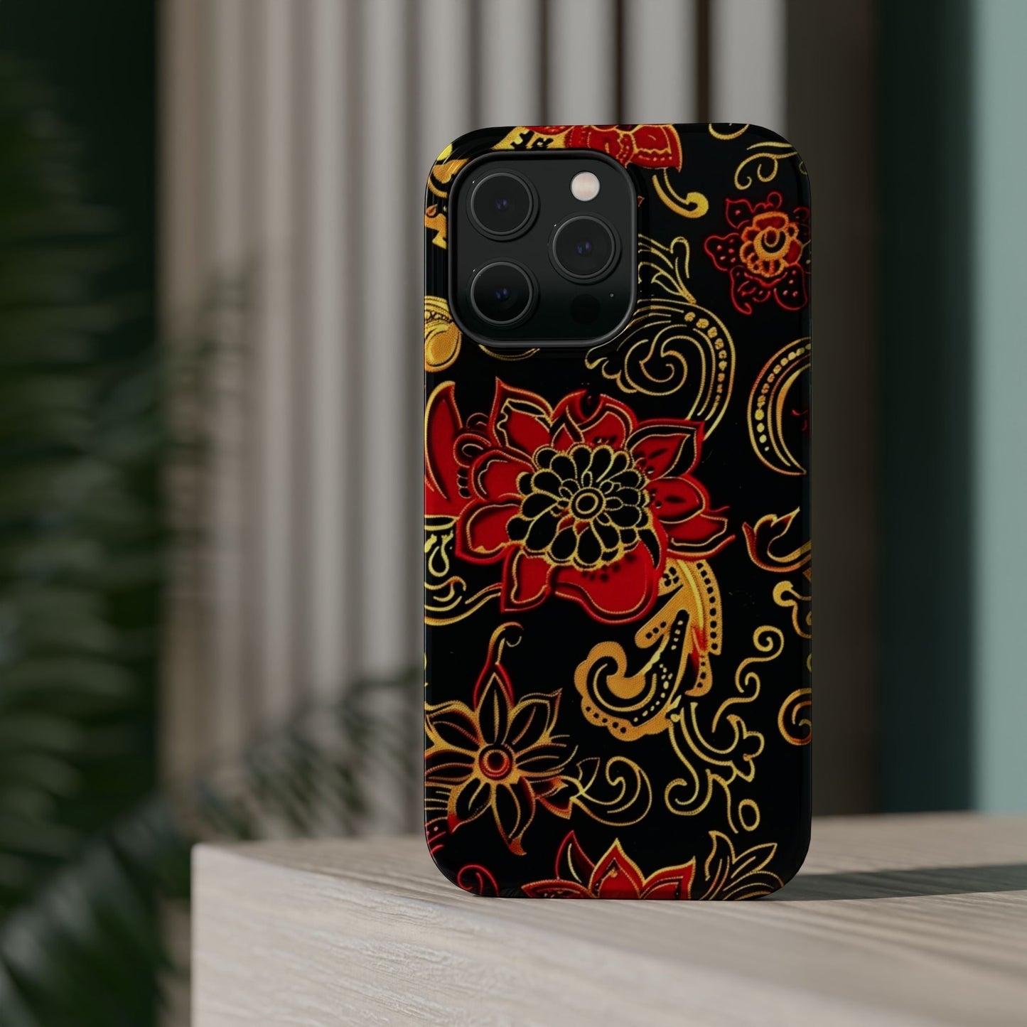 Floral Paisley Magnetic Impact Phone Case — Red & Gold Ornamental Design - DIGITAL X
