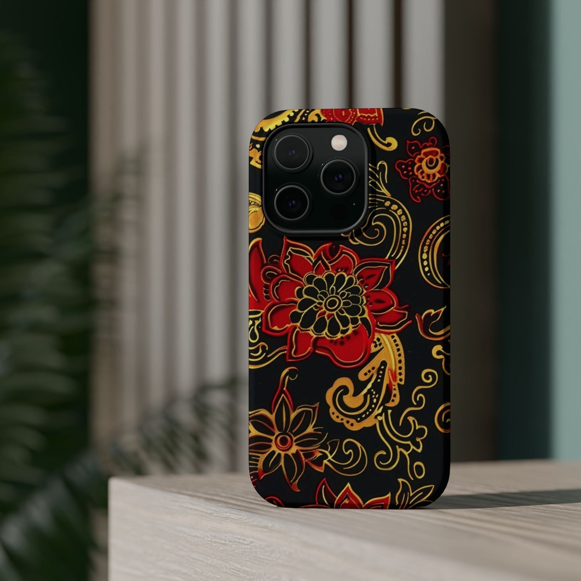 Floral Paisley Magnetic Impact Phone Case — Red & Gold Ornamental Design - DIGITAL X