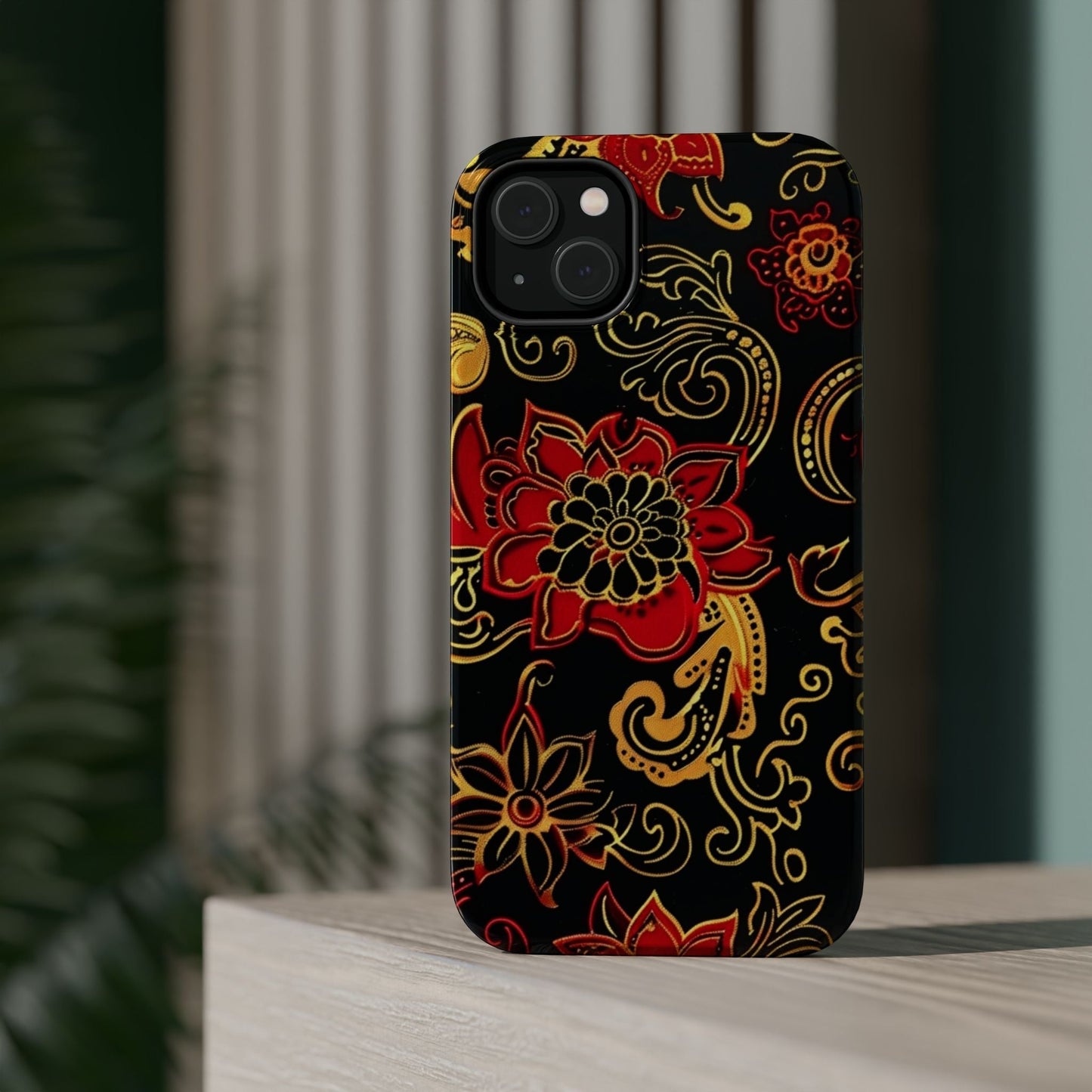 Floral Paisley Magnetic Impact Phone Case — Red & Gold Ornamental Design - DIGITAL X
