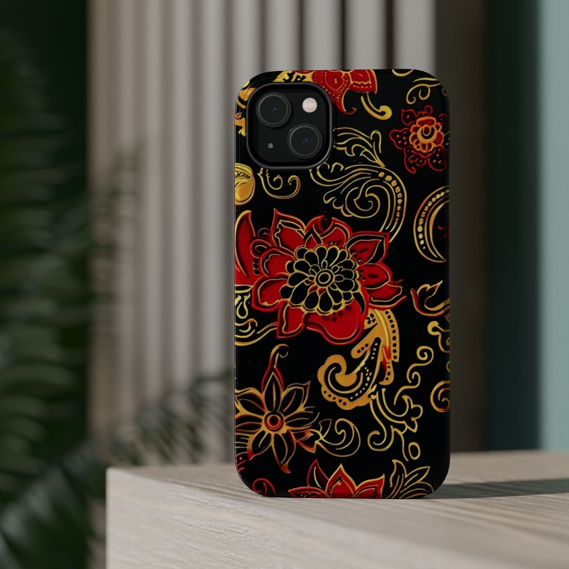 Floral Paisley Magnetic Impact Phone Case — Red & Gold Ornamental Design - DIGITAL X