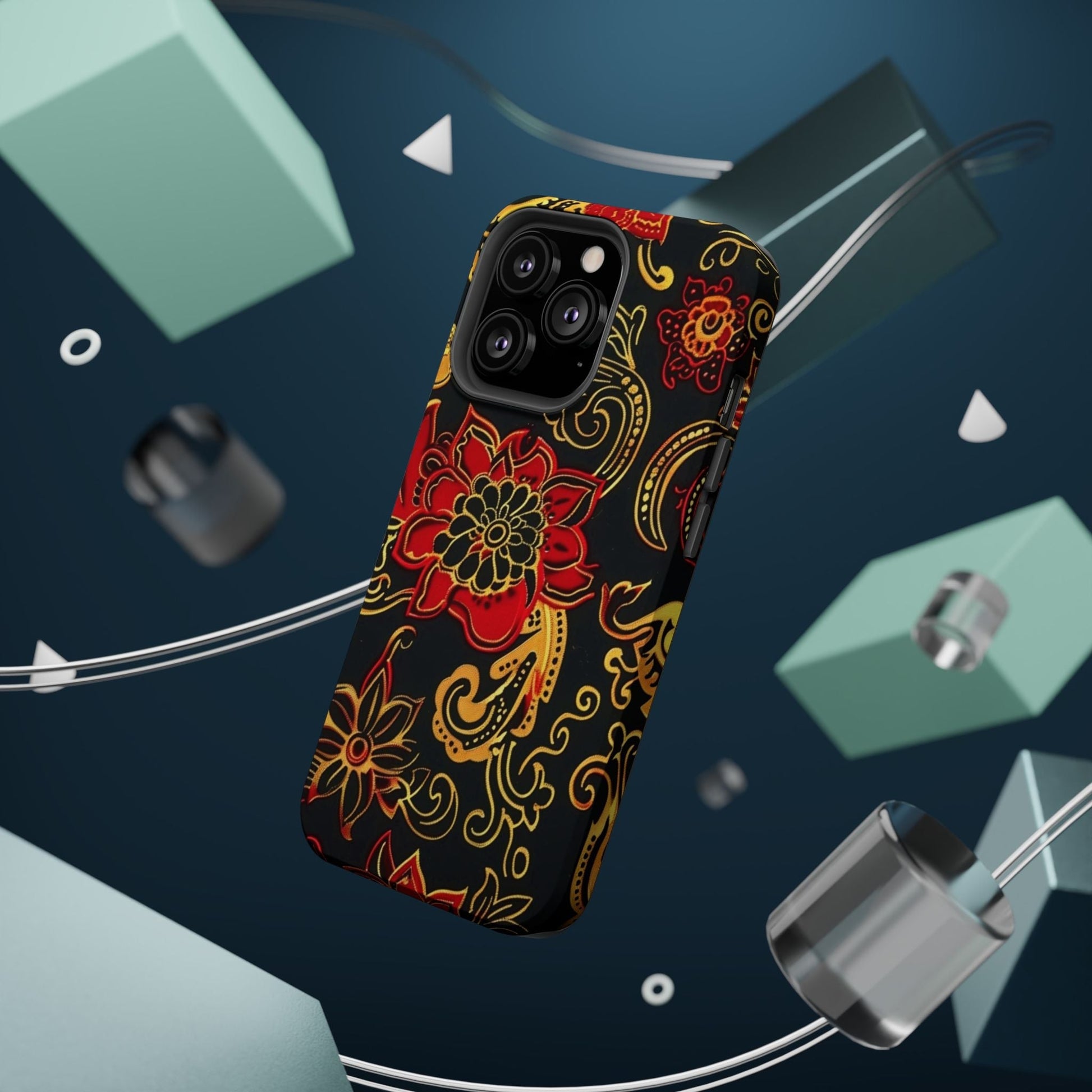 Floral Paisley Magnetic Impact Phone Case — Red & Gold Ornamental Design - DIGITAL X