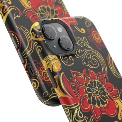 Floral Paisley Magnetic Impact Phone Case — Red & Gold Ornamental Design - DIGITAL X