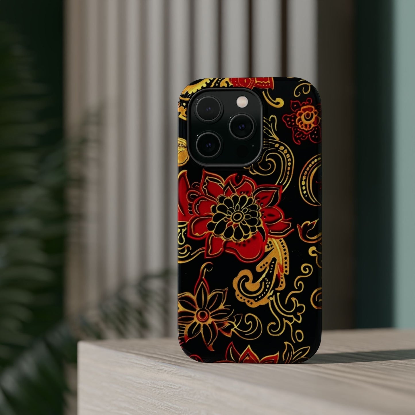 Floral Paisley Magnetic Impact Phone Case — Red & Gold Ornamental Design - DIGITAL X