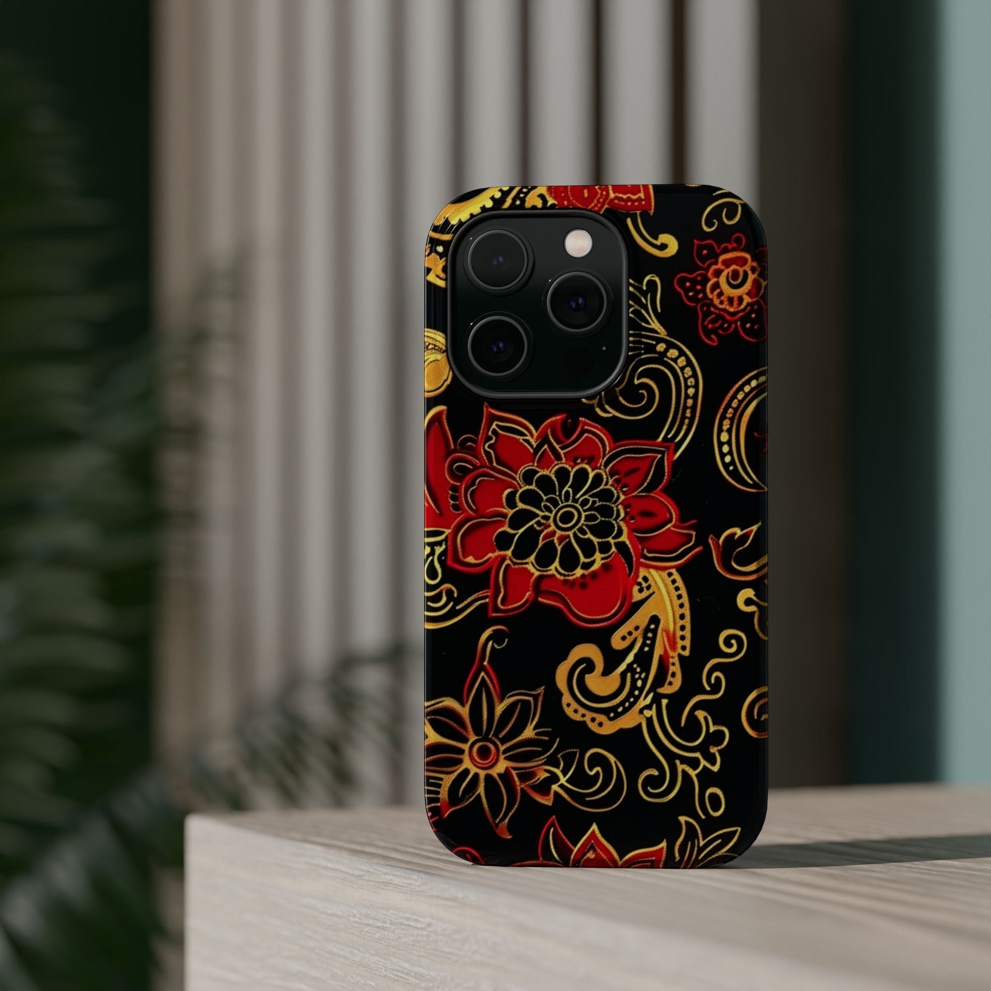 Floral Paisley Magnetic Impact Phone Case — Red & Gold Ornamental Design - DIGITAL X