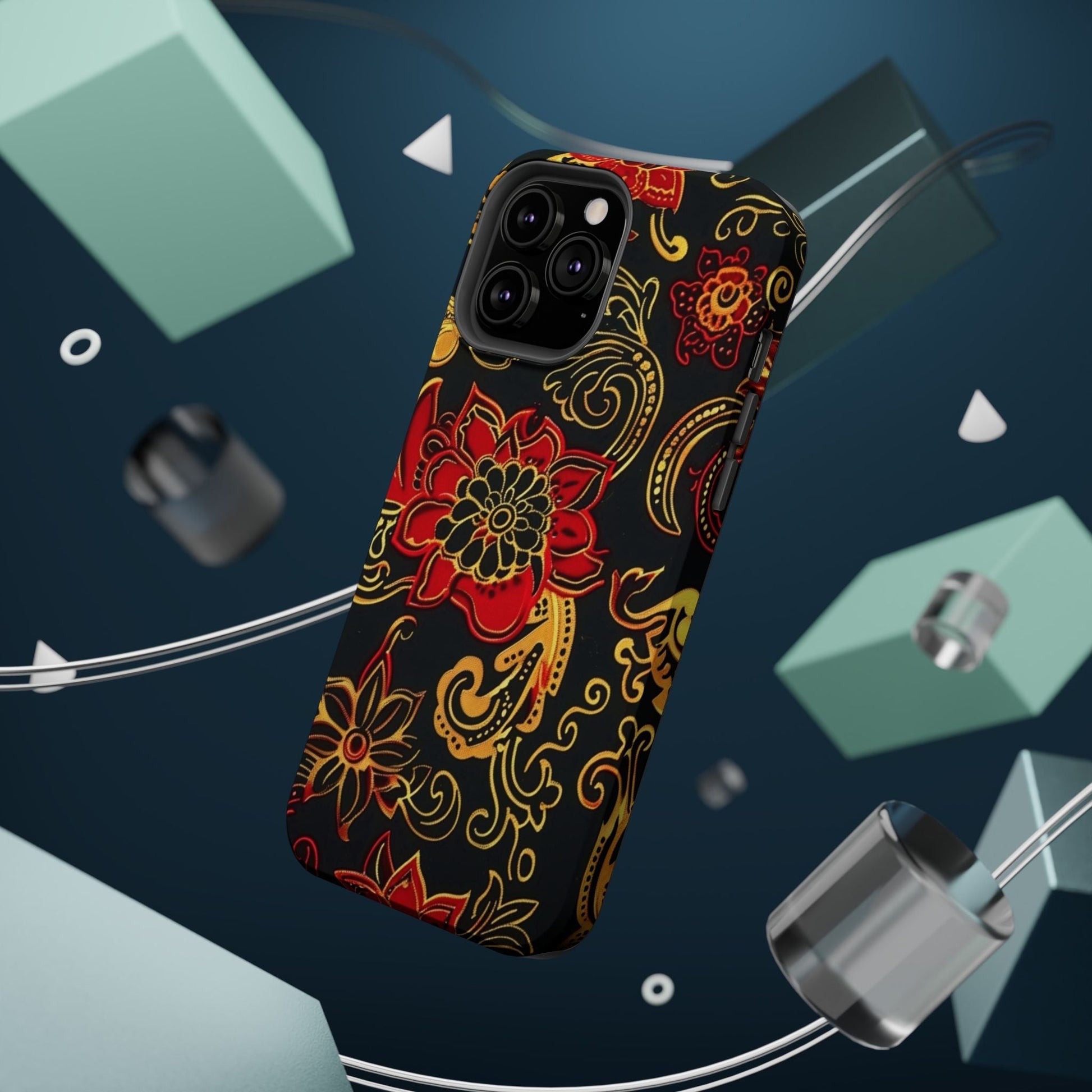 Floral Paisley Magnetic Impact Phone Case — Red & Gold Ornamental Design - DIGITAL X
