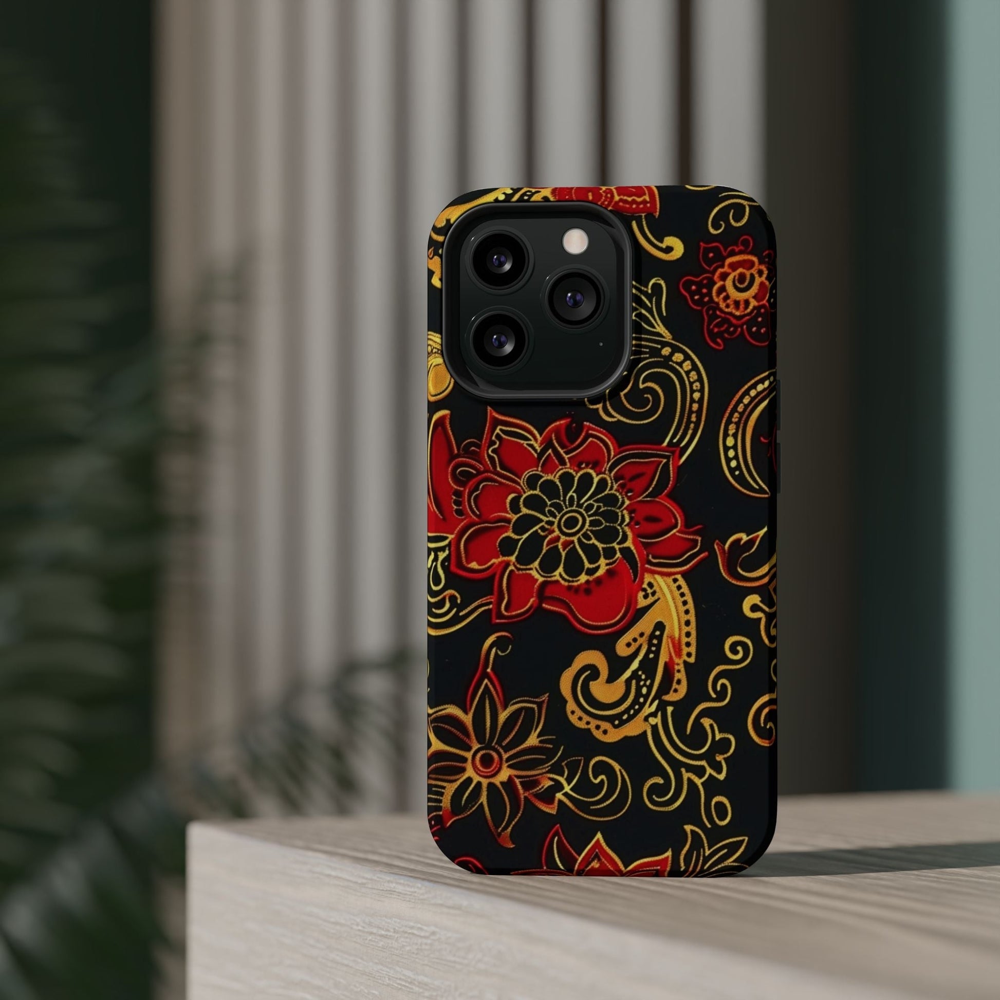 Floral Paisley Magnetic Impact Phone Case — Red & Gold Ornamental Design - DIGITAL X