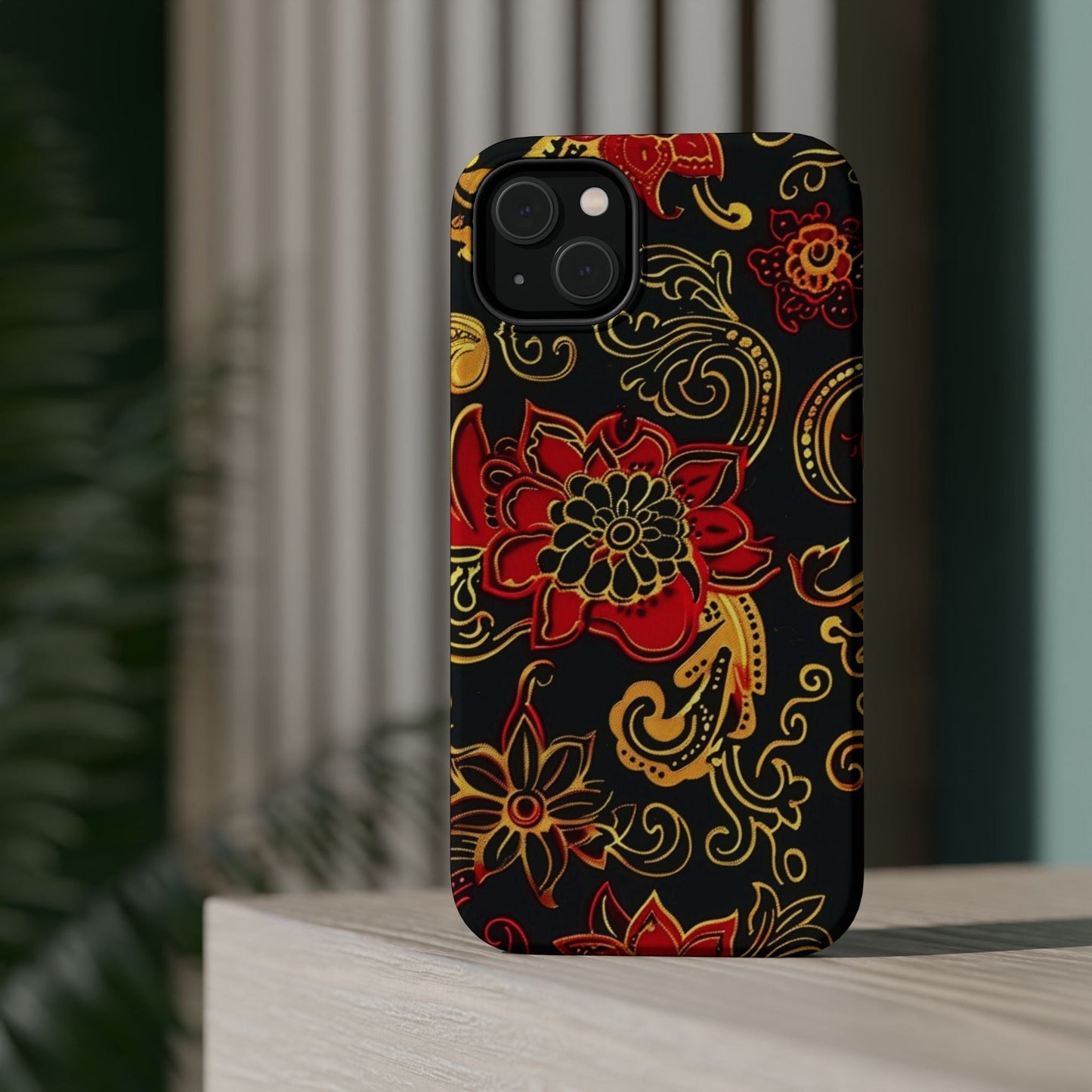 Floral Paisley Magnetic Impact Phone Case — Red & Gold Ornamental Design - DIGITAL X
