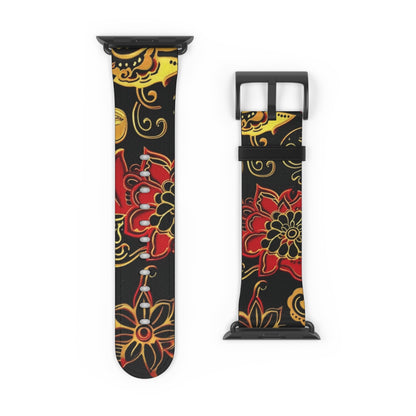Floral Paisley Silicone Watch Band — Red & Gold Boho Apple Watch Strap - DIGITAL X