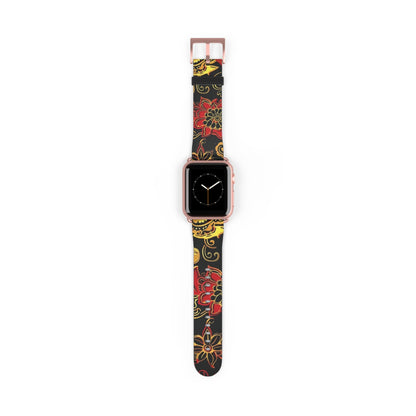 Floral Paisley Silicone Watch Band — Red & Gold Boho Apple Watch Strap - DIGITAL X