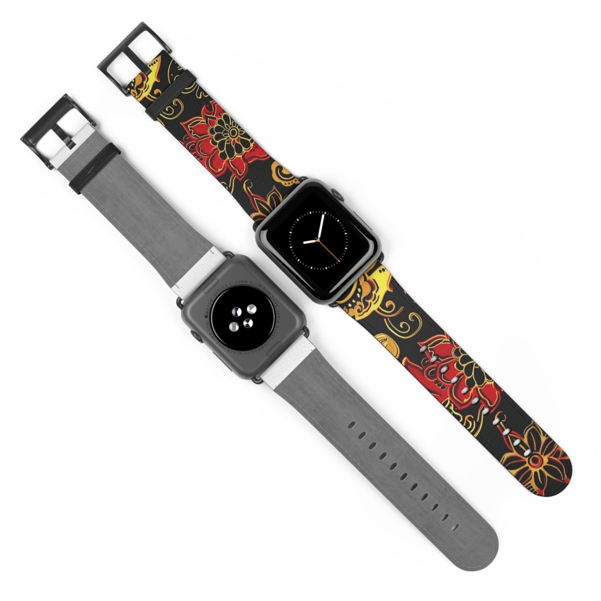 Floral Paisley Silicone Watch Band — Red & Gold Boho Apple Watch Strap - DIGITAL X