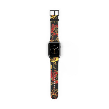 Floral Paisley Silicone Watch Band — Red & Gold Boho Apple Watch Strap - DIGITAL X